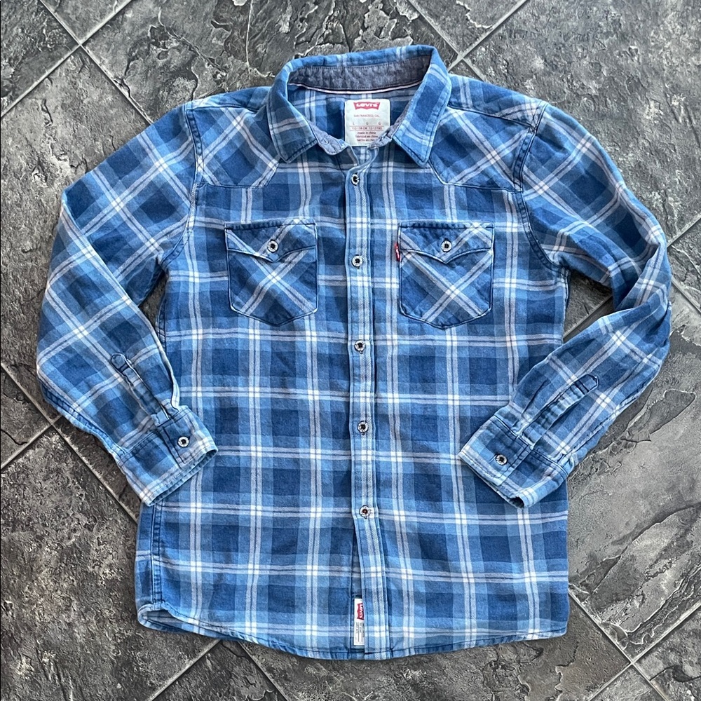 LEVI’S Youth Classic Blue Black White Soft Cotton Plaid Shirt Cottagecore Grunge